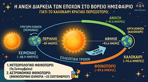 Εκπαιδευτικό γράφημα που δείχνει τη Γη σε ελλειπτική τροχιά γύρω από τον Ήλιο, με ενδείξεις για Περιήλιο, Αφήλιο κλπ