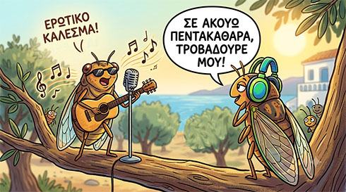 Έγχρωμο σκίτσο κόμικ με δύο τζιτζίκια σε κλαδί ελιάς.