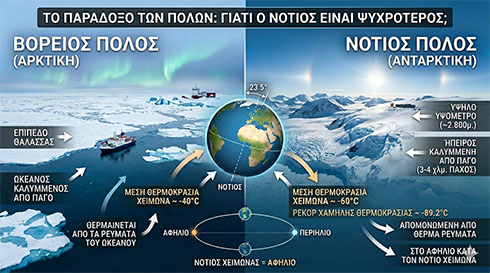 ΕΙΚΟΝΑ 1: Η ανατομία του ψύχους: Μια συγκριτική ματιά στους παράγοντες που καθιστούν την Ανταρκτική το πιο παγωμένο σημείο του πλανήτη μας Συγκριτικό γράφημα των δύο πόλων που εξηγεί με γραφικά και κείμενο γιατί ο Νότιος Πόλος είναι ψυχρότερος από τον Βόρειο.