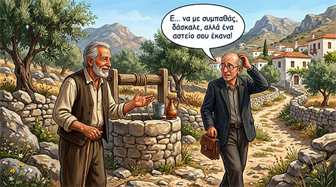 Ο δάσκαλος εξηγεί στον αμήχανο δικηγόρο τους νέους όρους του... ενοικίου, δίπλα στο πηγάδι της έριδος.