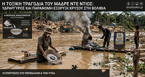 Παράνομη εξόρυξη χρυσού στον ποταμό Μάδρε ντε Ντιός της Βολιβίας, όπου η χρήση υδραργύρου προκαλεί σοβαρή οικολογική καταστροφή