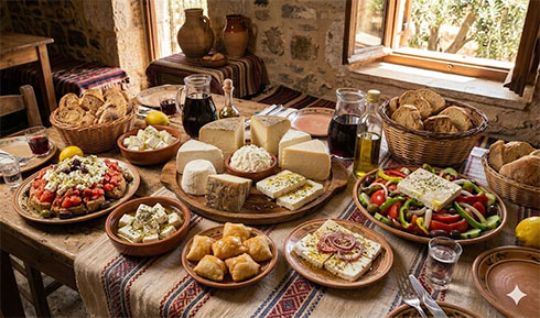 Ένα αυθεντικό κρητικό τραπέζι γεμάτο με παραδοσιακά εδέσματα, όπου τα τοπικά τυριά κατέχουν κεντρική θέση Ένα πλούσιο, ρουστίκ κρητικό τραπέζι στρωμένο με παραδοσιακά πιάτα σε μια ταβέρνα όπου κυριαρχούν διάφορα κρητικά τυριά (Γραβιέρα, Μυζήθρα, Φέτα).